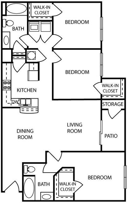 Floor plan for 3 beds, 2 baths, 1300 sqft